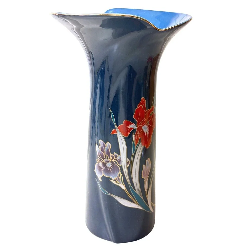 Vintage Japanese Cobalt Blue‎ Floral Iris Porcelain Vase Gold Gilt Mid Century